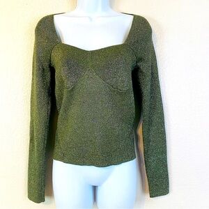 House Of Harlow 1960 Silver Metallic Shimmer Moss Green Stretch Knit Top Size L